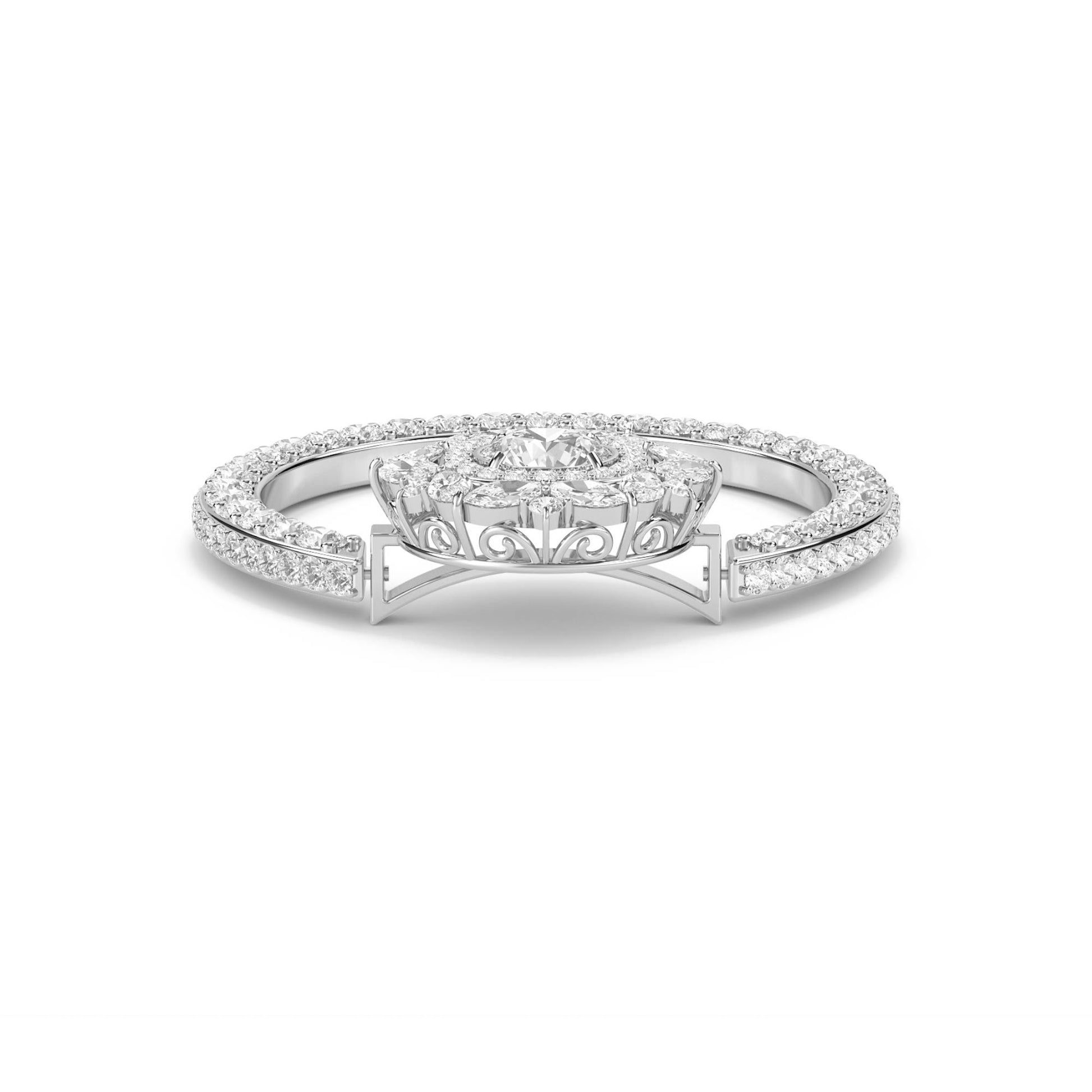 Round Halo Diamond Ring with Ornate Gallery (Silver) - image 1