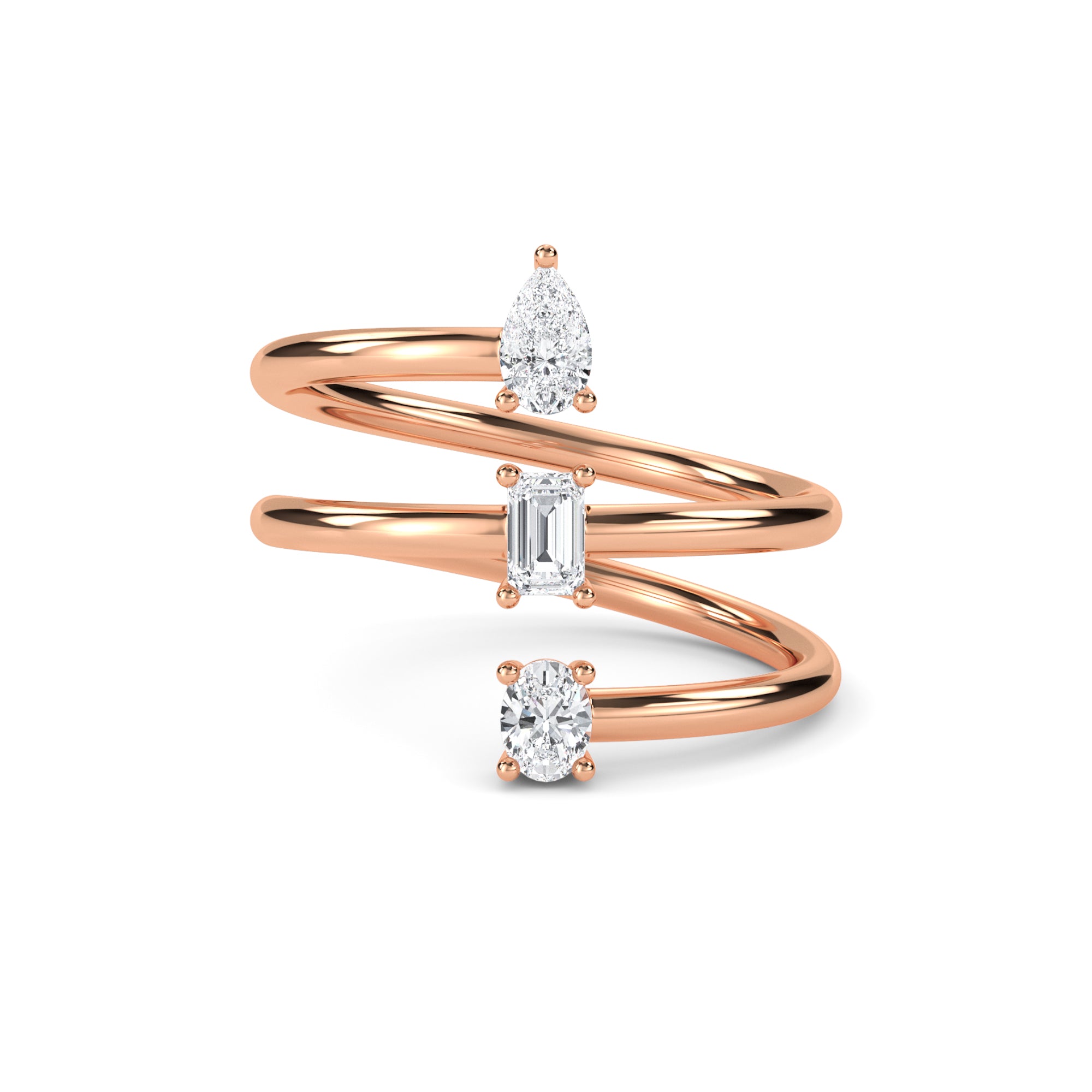 Stylish Oval & Emerald & Pear Diamond Spiral Gold Band