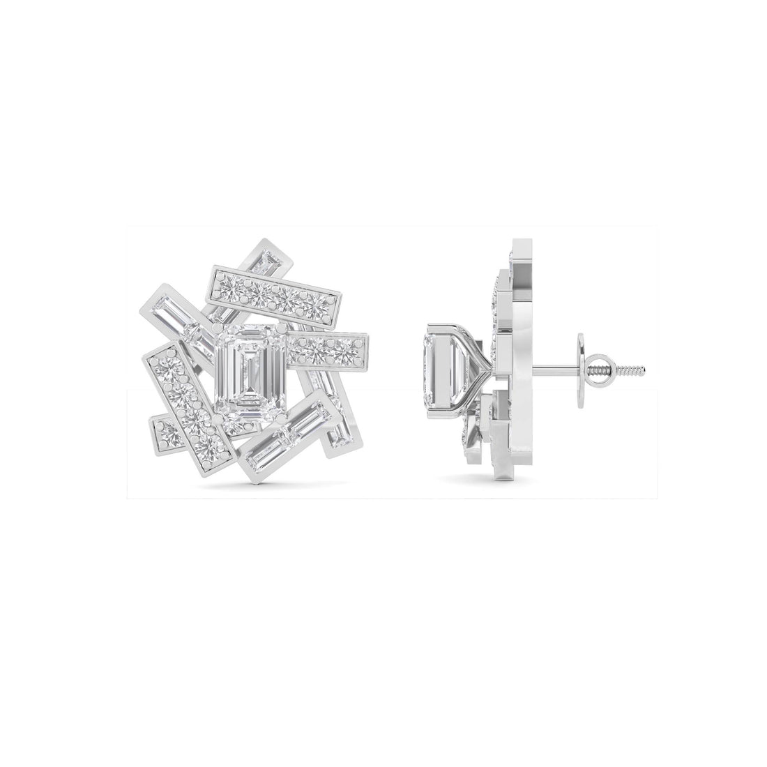 Emerald Cut Lab Grown Diamond Cluster Stud Earrings (Silver)