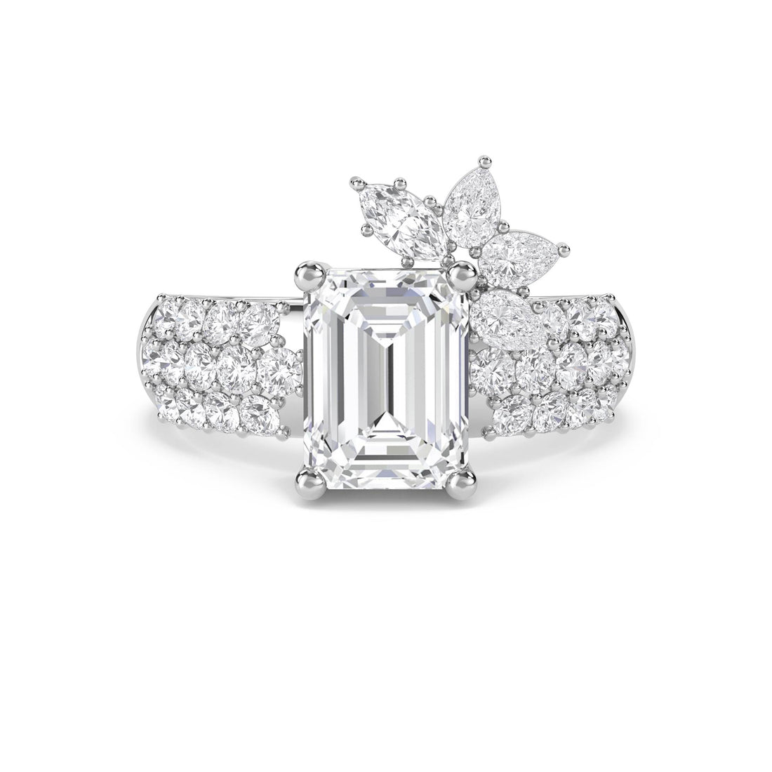 Emerald Cut Lab Grown Diamond Ring with Floral Diamond Cluster