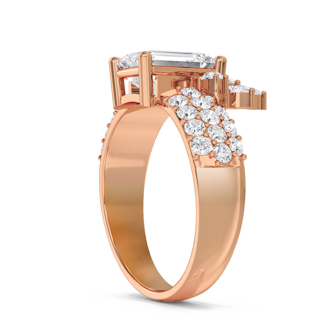 Emerald Cut Lab Grown Diamond Ring with Floral Diamond Cluster