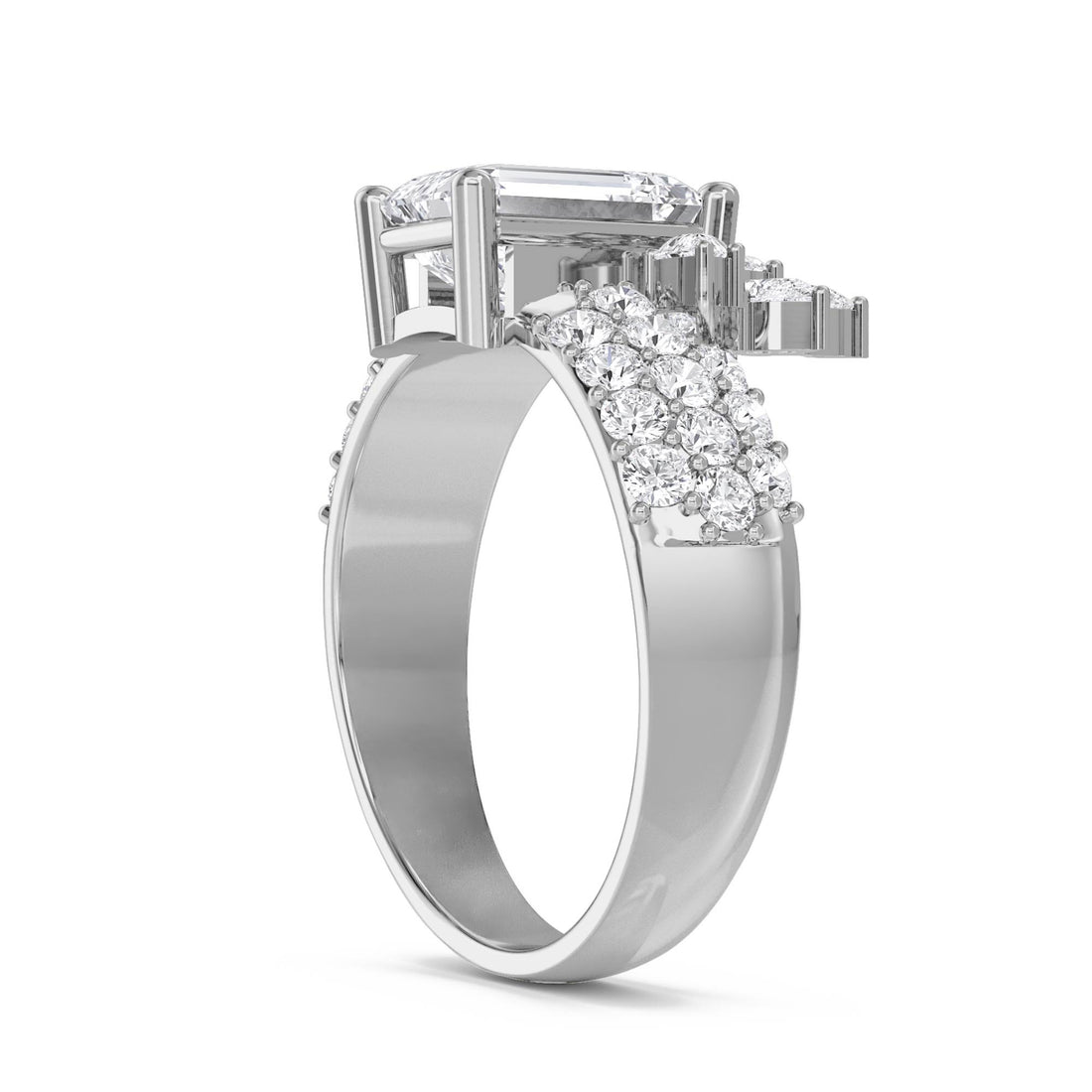 Emerald Cut Lab Grown Diamond Ring with Floral Diamond Cluster (Silver)