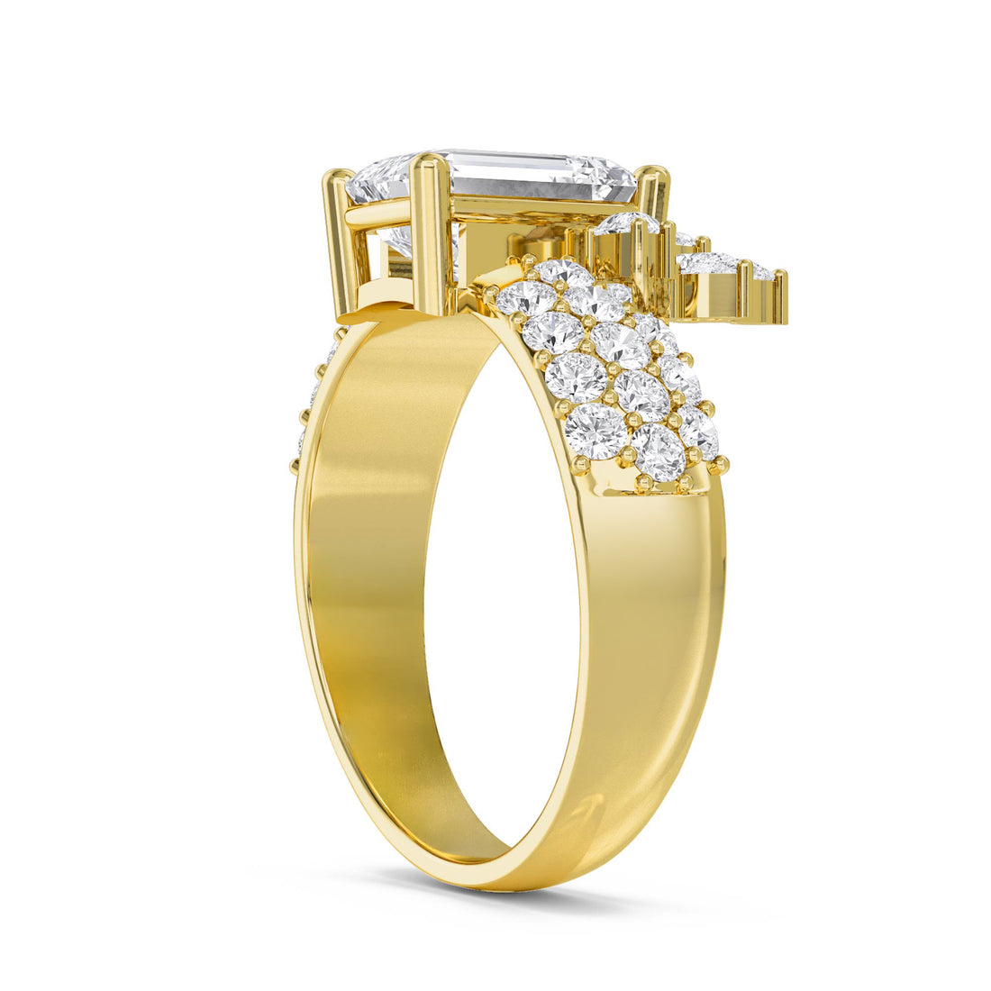 Emerald Cut Lab Grown Diamond Ring with Floral Diamond Cluster