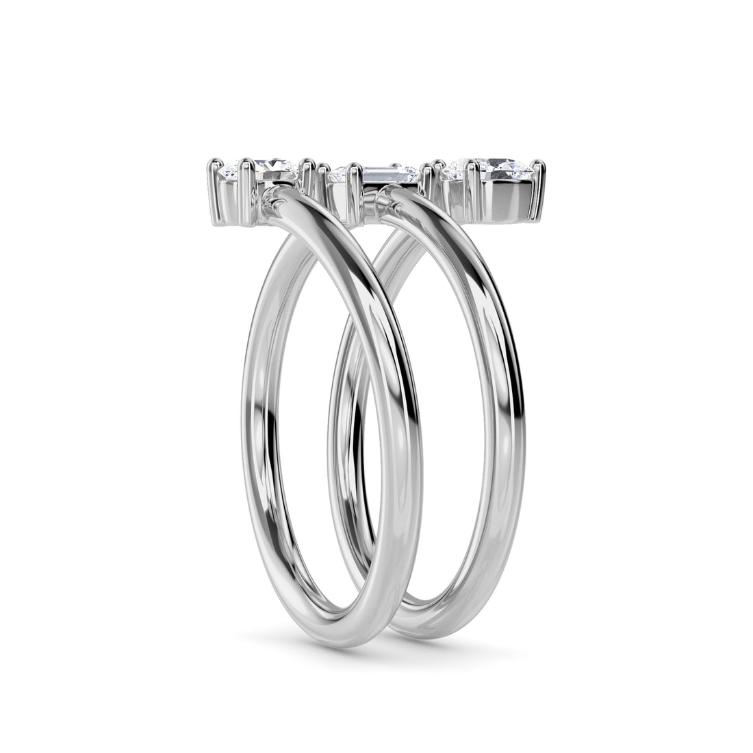 Stylish Oval & Emerald & Pear Diamond Spiral Gold Band (Silver)