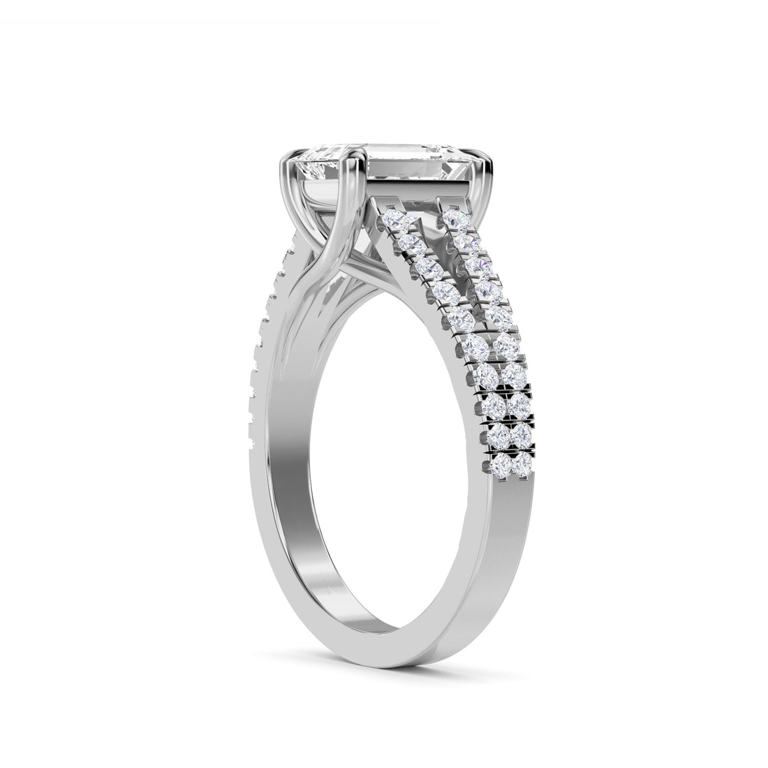Emerald Cut Spilt Shank Engagement Ring (Silver)