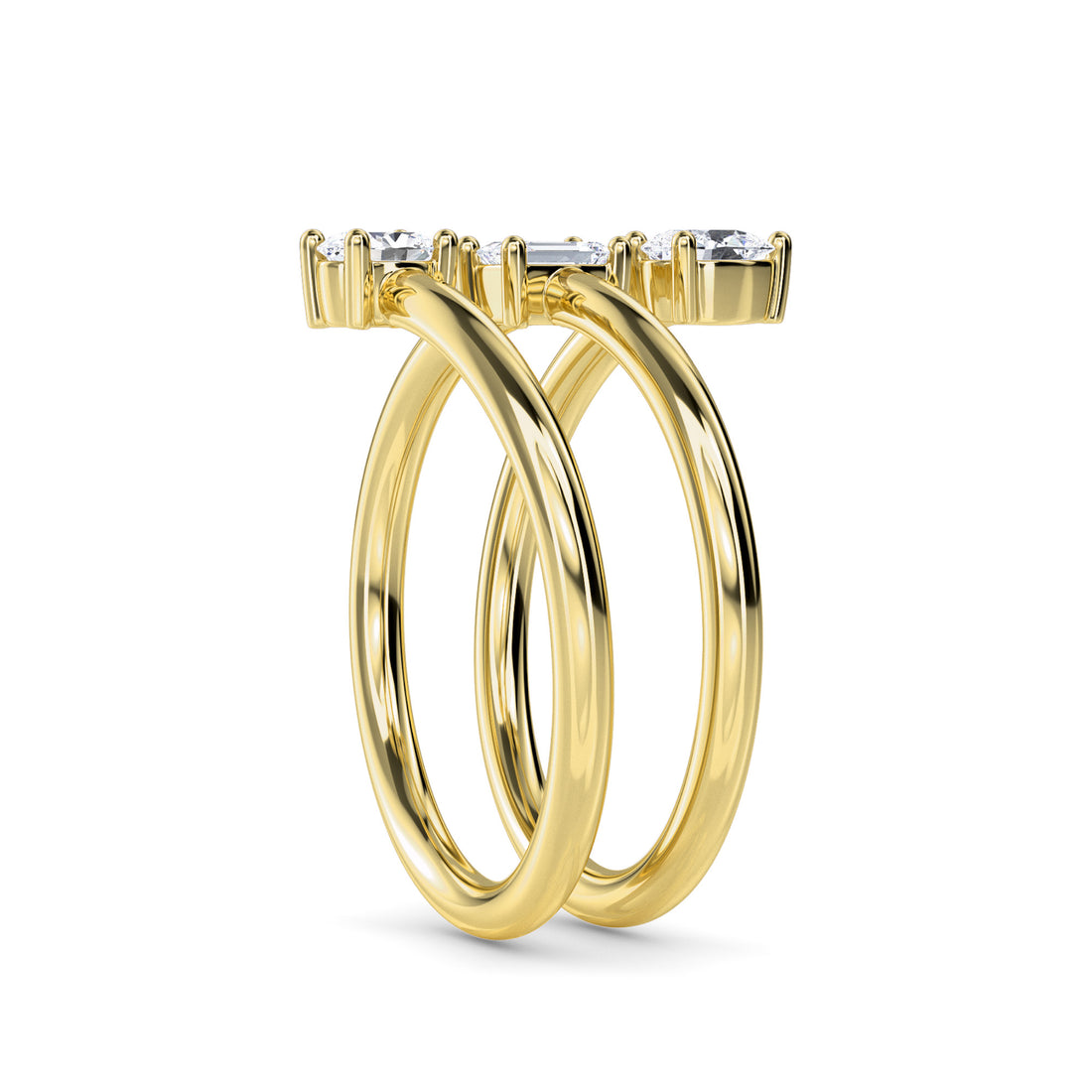 Stylish Oval & Emerald & Pear Diamond Spiral Gold Band